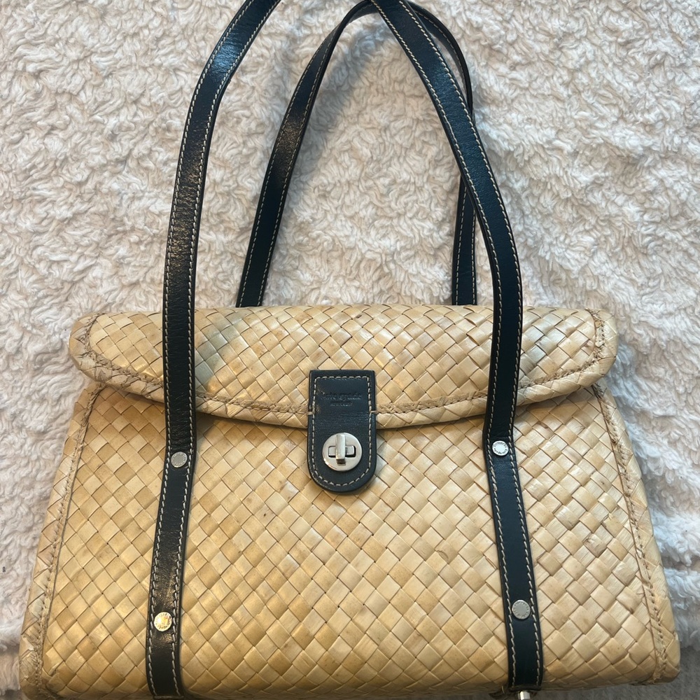 Kate Spade Vtg Woven Bamboo straw wicker bag navy blue leather straps 90s